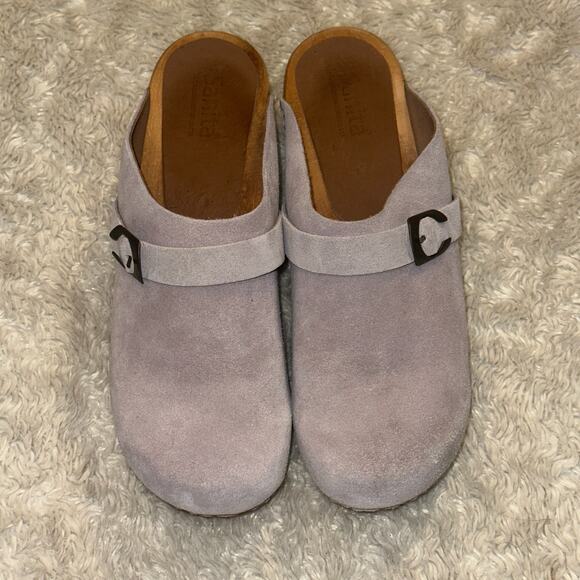 Sanita Hedi Sz 9 Classic Wooden Heel Clog Syringa Lavender Suede Brass Buckle - Picture 3 of 8